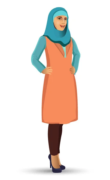 Mooie Jonge Vrouw Draagt Hijab Vectorillustratie Geïsoleerd Een Witte Achtergrond — Stockvector