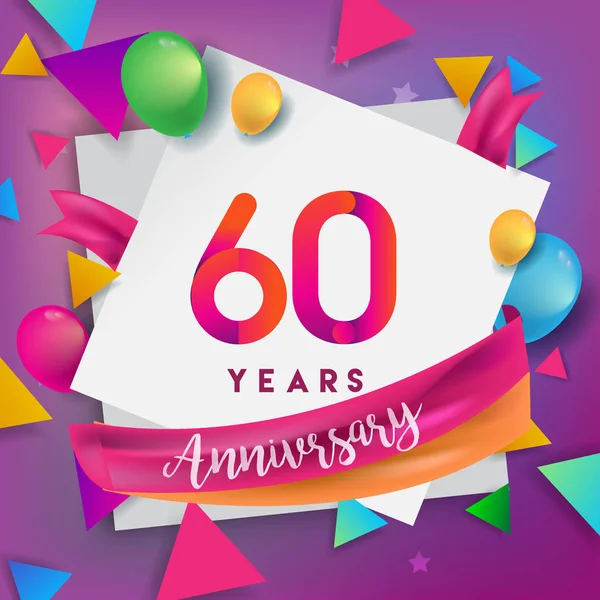 60 yıl yıldönümü kutlama tasarım, balonlar ve şerit, renkli tasarım öğeleri için afiş, davetiye, tebrik kartı, altmış üç Doğum günü kutlama partisi.