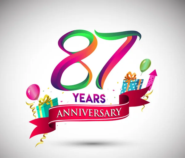 87周年庆典设计 带礼品盒和气球 红丝带 彩色矢量模板元素为您 九十七年生日庆祝聚会 — 图库矢量图片