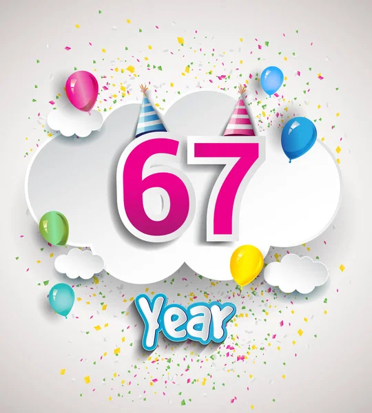 67 yıldönümü kutlama tasarım, bulutlar ve balon, konfeti ile. Vektör şablon öğeleri için senin, altmış sekiz yıl Doğum günü kutlama partisi.