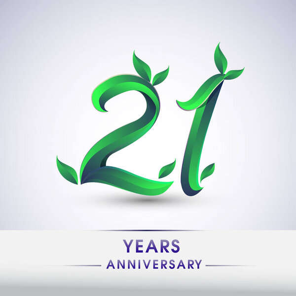 21 anniversary celebration logotype with leaves and green colored. 99th birthday logo on white background.