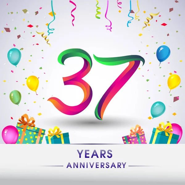 37 yıldönümü kutlama tasarım, hediye kutusu, balonlar ve konfeti, renkli vektör şablon öğeleri için senin, sekiz yıl Doğum günü kutlama partisi.