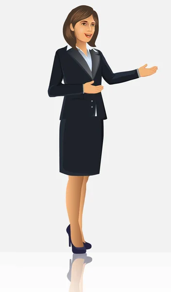 Femme Affaires Costume Noir Avec Position Debout Pose Présentation Illustration — Image vectorielle