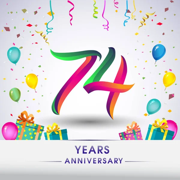 74 yıldönümü kutlama tasarım, hediye kutusu, balonlar ve konfeti, renkli vektör şablon öğeleri için senin, sekiz yıl Doğum günü kutlama partisi.
