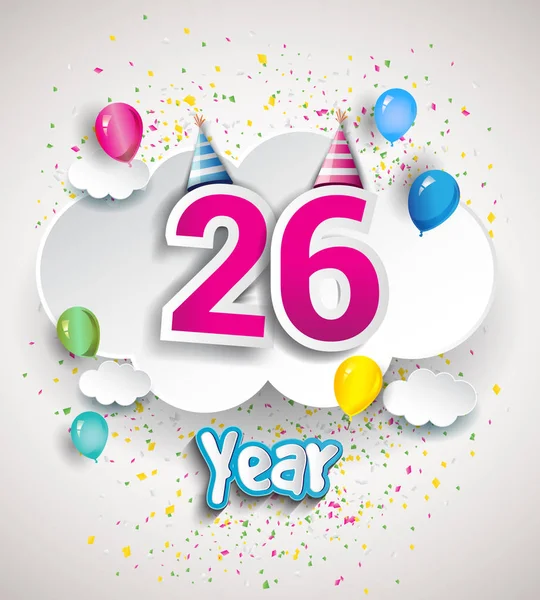 26 yıldönümü kutlama tasarım, bulutlar ve balon, konfeti ile. Vektör şablon öğeleri için senin, altmış sekiz yıl Doğum günü kutlama partisi.