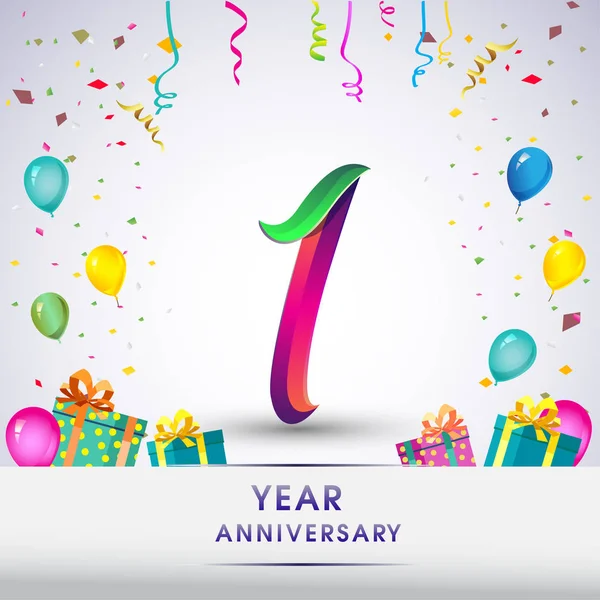 1 yıldönümü kutlama tasarım, hediye kutusu, balonlar ve konfeti, renkli vektör şablon öğeleri için senin, sekiz yıl Doğum günü kutlama partisi.