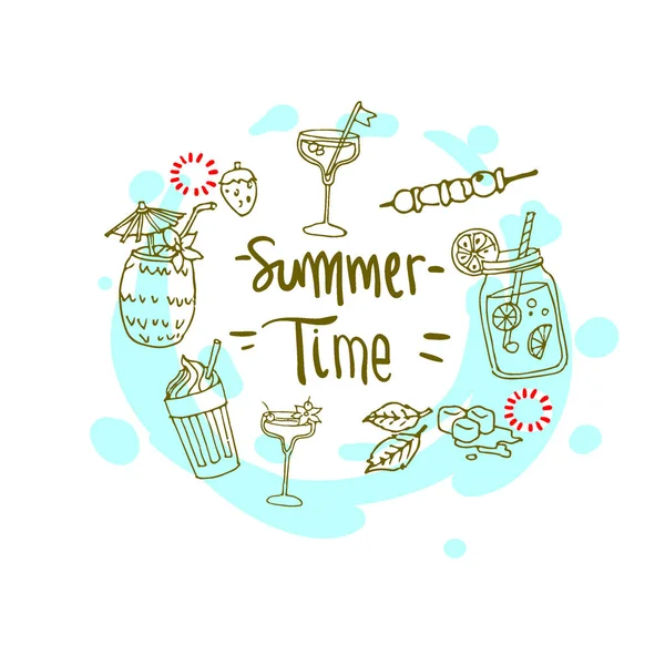 Yaz arka plan, logo, elle çizilmiş ve tasarım öğeleri için yaz tatili, poster ve davet için vektör çizim.