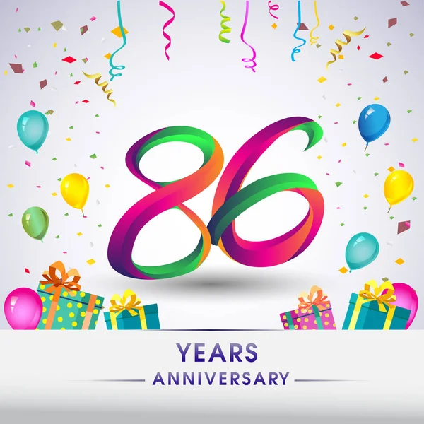 86 yıldönümü kutlama tasarım, hediye kutuları, balonlar ve konfeti, renkli vektör şablon öğeleri için senin, seksen iki yıl Doğum günü kutlama partisi.
