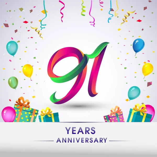 91周年庆典设计 带礼品盒 气球和五彩纸屑 彩色矢量模板元素为您 八十二年生日庆祝聚会 — 图库矢量图片