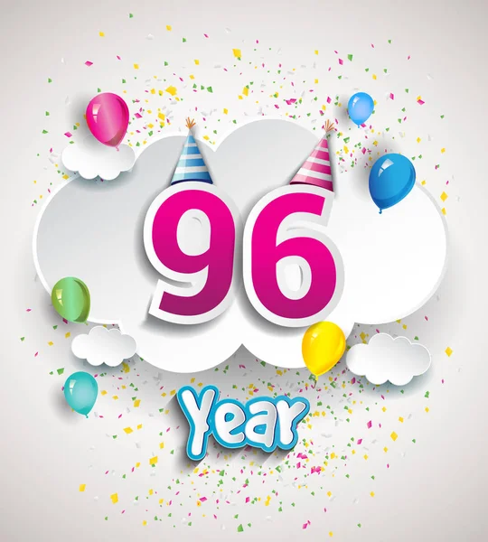 96 yıldönümü kutlama tasarım, bulutlar ve balon, konfeti ile. Vektör şablon öğeleri için senin, altmış sekiz yıl Doğum günü kutlama partisi.