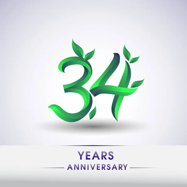 葉と緑の色を持つ 周年記念ロゴタイプ 白い背景の上の第 誕生日ロゴ — ストックベクタ