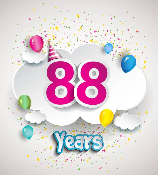 88 yıldönümü kutlama tasarım, bulutlar ve balon, konfeti ile. Vektör şablon öğeleri için senin, altmış sekiz yıl Doğum günü kutlama partisi.
