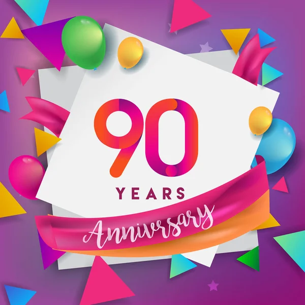 90 yıl yıldönümü kutlama tasarım, balonlar ve şerit, renkli tasarım öğeleri için afiş, davetiye, tebrik kartı, altmış üç Doğum günü kutlama partisi.