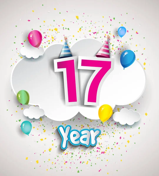 Célébration 17E Anniversaire Design Avec Nuages Ballons Confettis Éléments Vectoriels — Image vectorielle