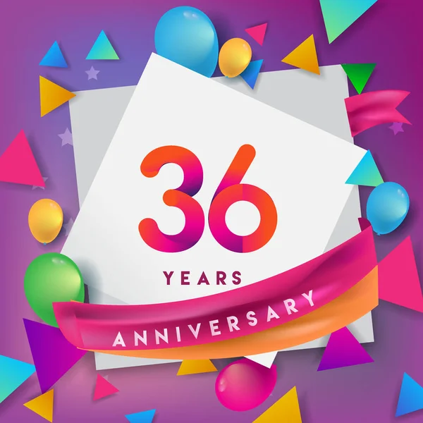 Anniversario Celebrazione Design Palloncini Nastro Elementi Design Colorati Banner Invito — Vettoriale Stock