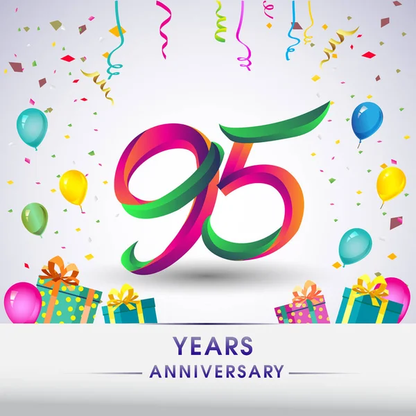 95 yıldönümü kutlama tasarım, hediye kutuları, balonlar ve konfeti, renkli vektör şablon öğeleri için senin, seksen iki yıl Doğum günü kutlama partisi.