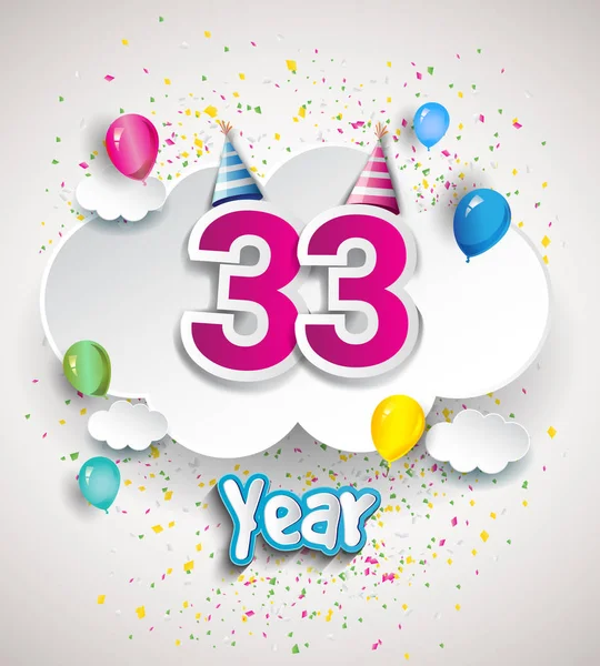33 yıldönümü kutlama tasarım, bulutlar ve balon, konfeti ile. Vektör şablon öğeleri için senin, altmış sekiz yıl Doğum günü kutlama partisi.