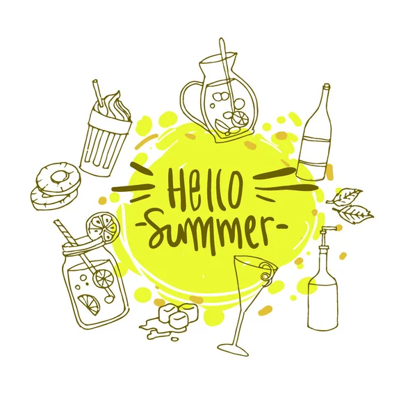Fundo Verão Logotipo Desenhado Mão Elementos Design Para Férias Verão —  Vetores de Stock