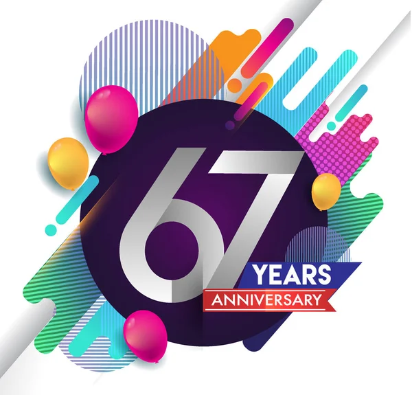 67 yıl yıldönümü logosu ile renkli arka plan, tasarım şablonu öğeleri için davetiye ve afiş, Doğum günü kutlaması vektör.
