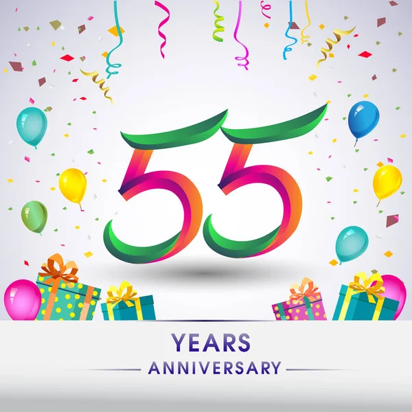 55 yıldönümü kutlama tasarım, hediye kutusu, balonlar ve konfeti, renkli vektör şablon öğeleri için senin, sekiz yıl Doğum günü kutlama partisi.