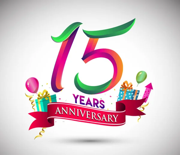 15周年庆典设计 带礼品盒和气球 红丝带 彩色矢量模板元素为您 九十七年生日庆祝聚会 — 图库矢量图片