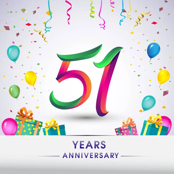 51 yıldönümü kutlama tasarım, hediye kutusu, balonlar ve konfeti, renkli vektör şablon öğeleri için senin, sekiz yıl Doğum günü kutlama partisi.