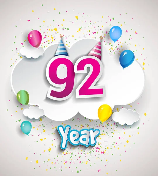 92 yıldönümü kutlama tasarım, bulutlar ve balon, konfeti ile. Vektör şablon öğeleri için senin, altmış sekiz yıl Doğum günü kutlama partisi.