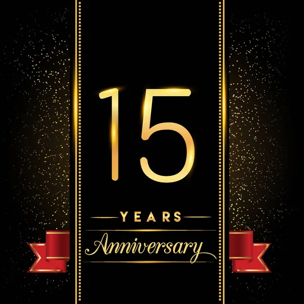 年周年のお祝いのロゴタイプ 黄金色の紙吹雪と赤いリボンの黒背景 ベクター デザインのグリーティング カードや招待状に分離された周年記念ロゴ — ストックベクタ
