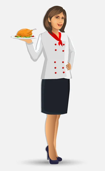 Ilustracja Kobieta Kucharz Postać Kreskówka Kucharz Kobiety Przedstawione Menu Żywności — Wektor stockowy