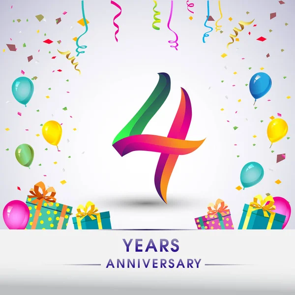 4 yıldönümü kutlama tasarım, hediye kutusu, balonlar ve konfeti, renkli vektör şablon öğeleri için senin, sekiz yıl Doğum günü kutlama partisi.