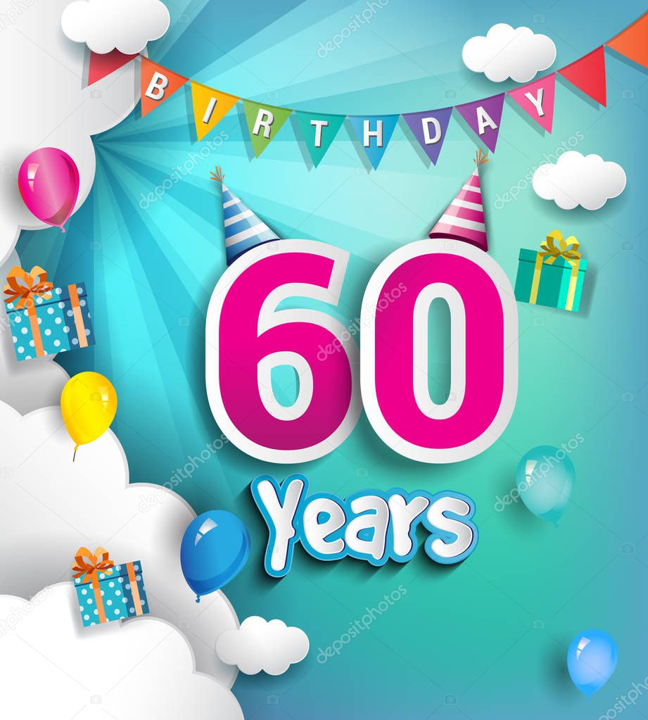 60 Years Birthday Design for greeting cards and poster, with cloud , balloons. using Paper Art Design Style. vector elements for anniversary celebration.