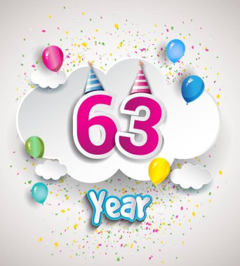 63 yıldönümü kutlama tasarım, bulutlar ve balon, konfeti ile. Vektör şablon öğeleri için senin, altmış sekiz yıl Doğum günü kutlama partisi.