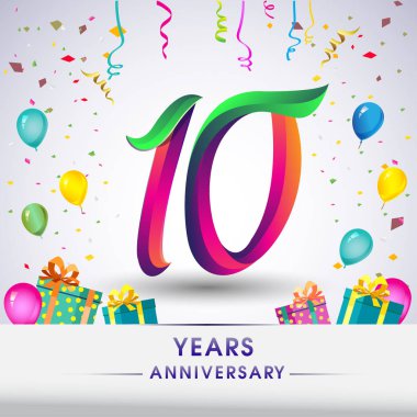 10 yıldönümü kutlama tasarım, hediye kutusu, balonlar ve konfeti, renkli vektör şablon öğeleri için senin, sekiz yıl Doğum günü kutlama partisi.