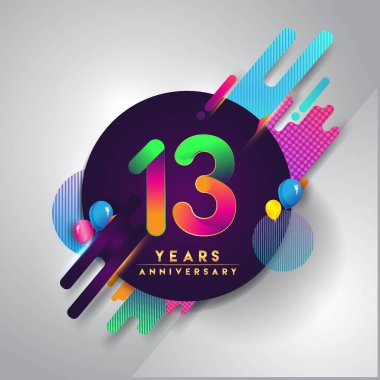 13 yıldönümü logosu ile renkli arka plan, tasarım şablonu öğeleri için davetiye ve afiş, Doğum günü kutlaması vektör