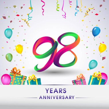 98 yıldönümü kutlama tasarım, hediye kutuları, balonlar ve konfeti, renkli vektör şablon öğeleri için senin, seksen iki yıl Doğum günü kutlama partisi.