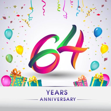 64 yıldönümü kutlama tasarım, hediye kutusu, balonlar ve konfeti, renkli vektör şablon öğeleri için senin, sekiz yıl Doğum günü kutlama partisi.