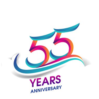 55 yıldönümü kutlama logo mavi ve kırmızı renkli. Doğum günü logosu beyaz arka plan üzerinde.