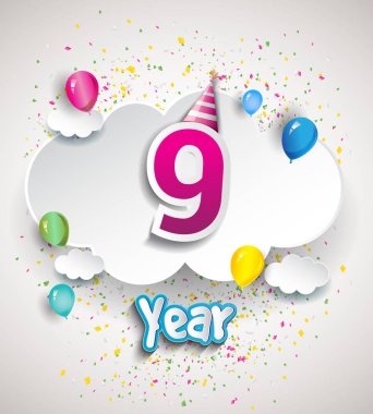 9 yıldönümü kutlama tasarım, bulutlar ve balon, konfeti ile. Vektör şablon öğeleri için senin, altmış sekiz yıl Doğum günü kutlama partisi.