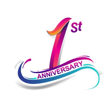 1 yıldönümü kutlama logo mavi ve kırmızı renkli. doksan dokuz yıl Doğum günü logosu beyaz arka plan üzerinde.