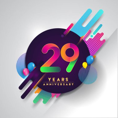 29 yıldönümü logosu ile renkli arka plan, tasarım şablonu öğeleri için davetiye ve afiş, Doğum günü kutlaması vektör