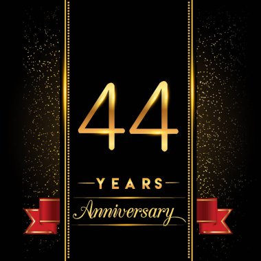 44 yıldönümü kutlama logo. yıldönümü logolu siyah arka plan, vektör tasarımı tebrik kartı ve davetiye için izole renkli konfeti altın