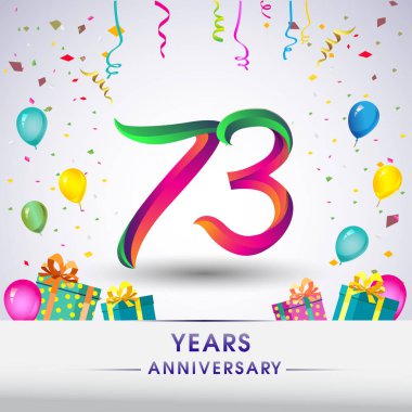73 yıldönümü kutlama tasarım, hediye kutusu, balonlar ve konfeti, renkli vektör şablon öğeleri için senin, sekiz yıl Doğum günü kutlama partisi.