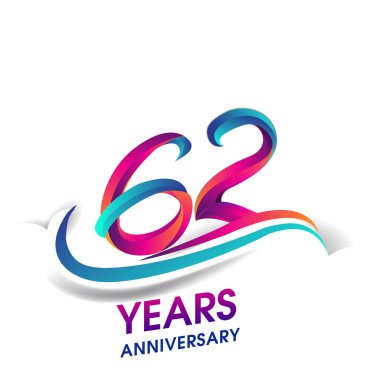 62 yıldönümü kutlama logo mavi ve kırmızı renkli. Doğum günü logosu beyaz arka plan üzerinde.