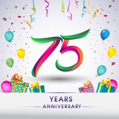 75 yıldönümü kutlama tasarım, hediye kutusu, balonlar ve konfeti, renkli vektör şablon öğeleri için senin, sekiz yıl Doğum günü kutlama partisi.
