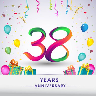 38 Yıldönümü kutlama tasarım, hediye kutusu, balonlar ve konfeti, renkli vektör şablon öğeleri için senin, sekiz yıl Doğum günü kutlama partisi.