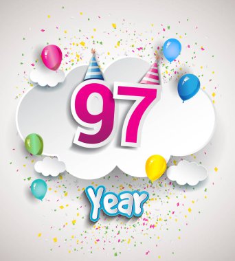 97 yıldönümü kutlama tasarım, bulutlar ve balon, konfeti ile. Vektör şablon öğeleri için senin, altmış sekiz yıl Doğum günü kutlama partisi.