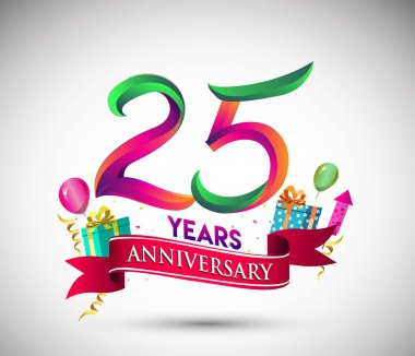 25 yıldönümü kutlama tasarımı için hediye kutusu ve balonlar, kırmızı kurdele, renkli vektör şablon öğeleri ile senin, doksan yedi yıl Doğum günü kutlama partisi.