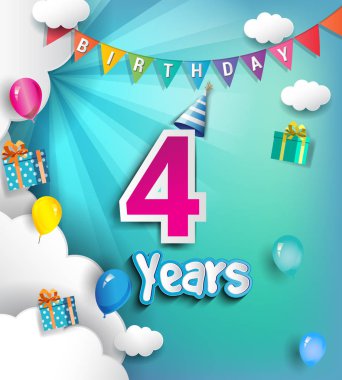 4 yıldönümü kutlama tasarım, bulut ve balon, konfeti ile. Vektör şablon öğeleri için senin, altmış sekiz yıl Doğum günü kutlama partisi.