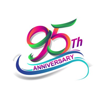 95 yıldönümü kutlama Logo yeşil ve kırmızı renkli. doksan yedi yıl Doğum günü logosu beyaz arka plan üzerinde.