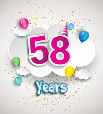 58 yıldönümü kutlama tasarım, bulutlar ve balon, konfeti ile. Vektör şablon öğeleri için senin, altmış sekiz yıl Doğum günü kutlama partisi.